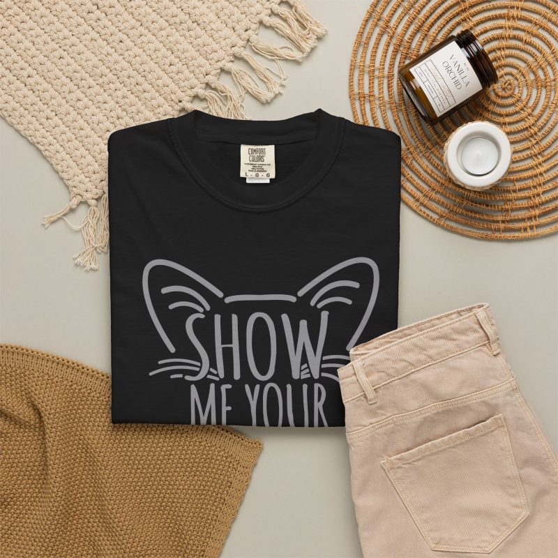 Gray Show Me Your Kitties hand lettering framed by pointed cat ears and whiskers in the front print