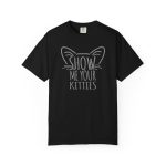 Front of the tee showing gray cat-ear and whisker lettering Front of the tee showing gray cat-ear and whisker lettering
