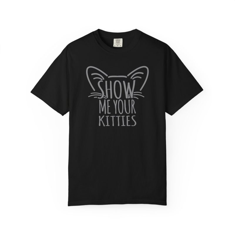 Front of the tee showing gray cat-ear and whisker lettering