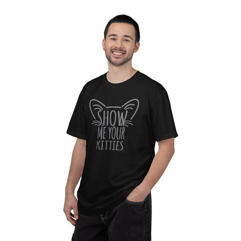 Person wearing a tee showing gray cat-ear and whisker lettering on the front