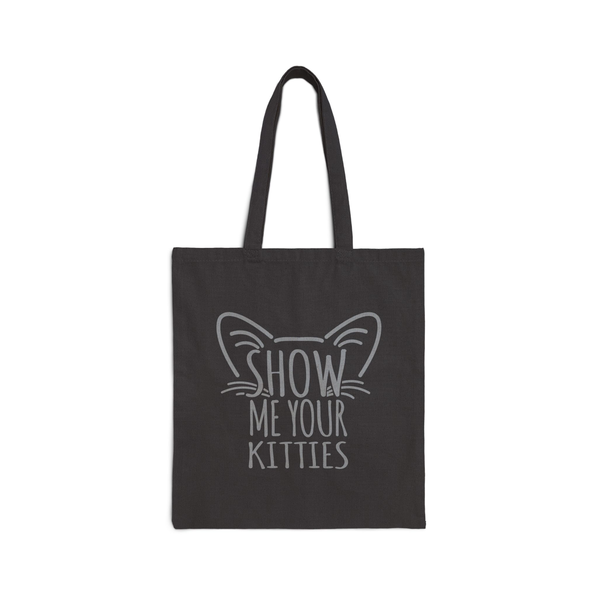 Front of the black canvas tote showing gray cat-ear and whisker lettering
