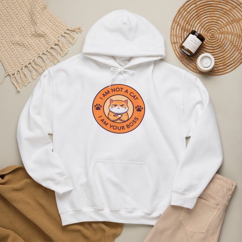 Ginger tabby with crossed arms, purple paw prints and I AM NOT A CAT - I AM YOUR BOSS lettering around an orange badge in the front print