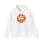 Front of the hoodie showing an unimpressed ginger tabby with crossed arms inside an orange badge with dark purple lettering and two paw prints Front of the hoodie showing an unimpressed ginger tabby with crossed arms inside an orange badge with dark purple lettering and two paw prints