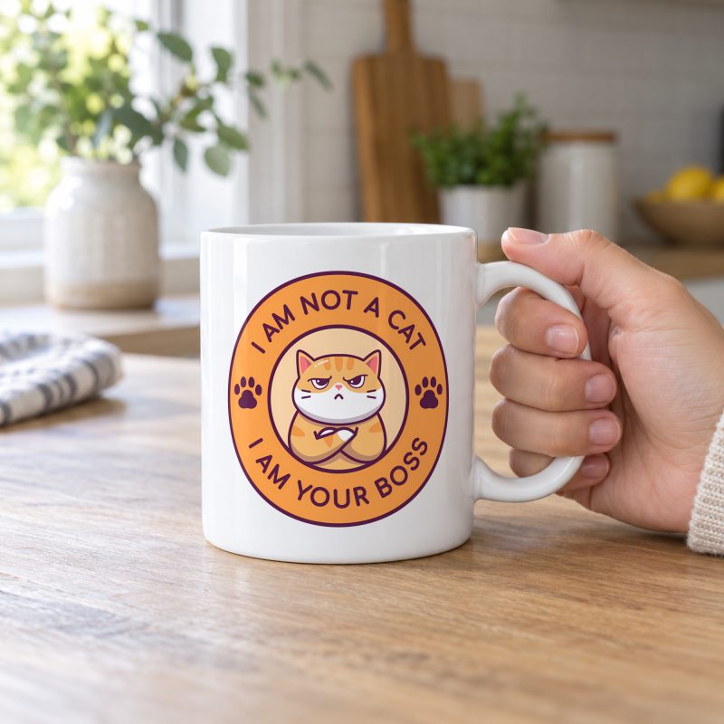 Person holding a white ceramic mug with an unimpressed ginger tabby with crossed arms inside an orange badge with dark purple lettering and two paw prints