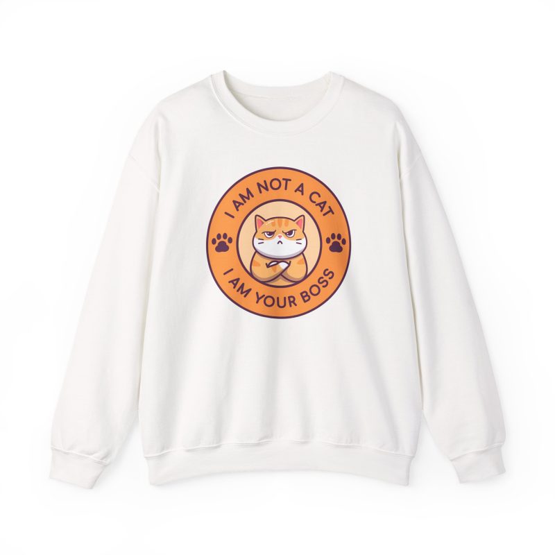 Front of the crewneck sweatshirt showing an unimpressed ginger tabby with crossed arms inside an orange badge with dark purple lettering and two paw prints