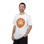 Person wearing a tee with an unimpressed ginger tabby with crossed arms inside an orange badge with dark purple lettering and two paw prints printed on the front Person wearing a tee with an unimpressed ginger tabby with crossed arms inside an orange badge with dark purple lettering and two paw prints printed on the front
