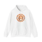 Front of a white cat hoodie with an orange tabby in a coffee cup above the pouch pocket
