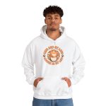 Person wearing a white hoodie with an orange tabby and coffee graphic above the front pocket