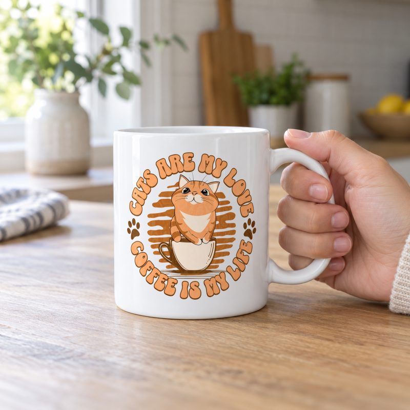 Person holding a white ceramic mug with an orange tabby and coffee graphic