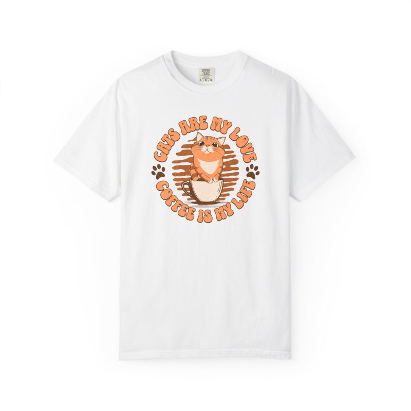 Front of a white cats and coffee tee with an orange tabby and circular lettering