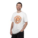 Person wearing a white tee with an orange tabby in a coffee cup printed on the front