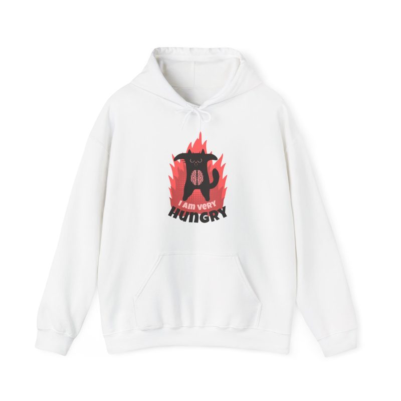 A black cat with a brain on its belly and pink flames printed on the front of a hoodie