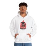 Person wearing a hoodie with a hungry black cat and pink flames