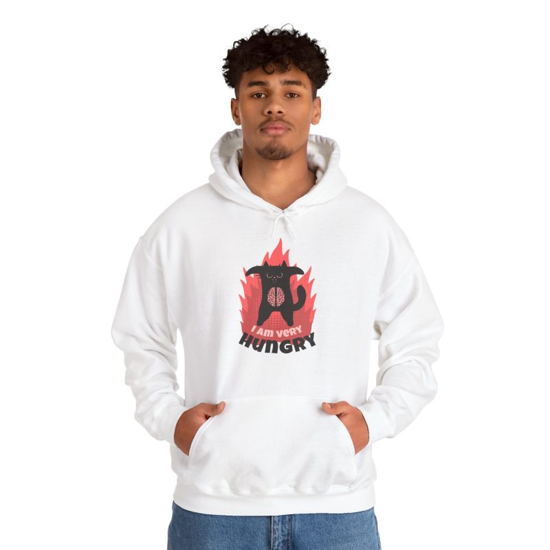Person wearing a hoodie with a hungry black cat and pink flames