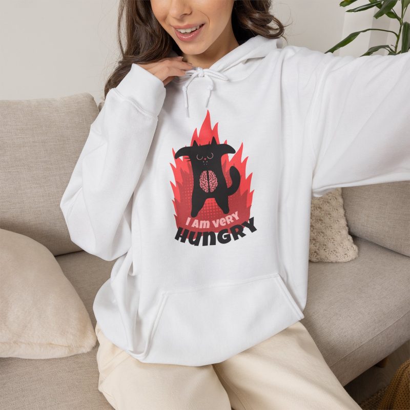 Person wearing a hoodie with a hungry black cat and pink flames