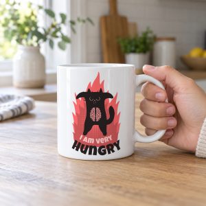 Person holding a white ceramic mug with a hungry black cat and pink flames
