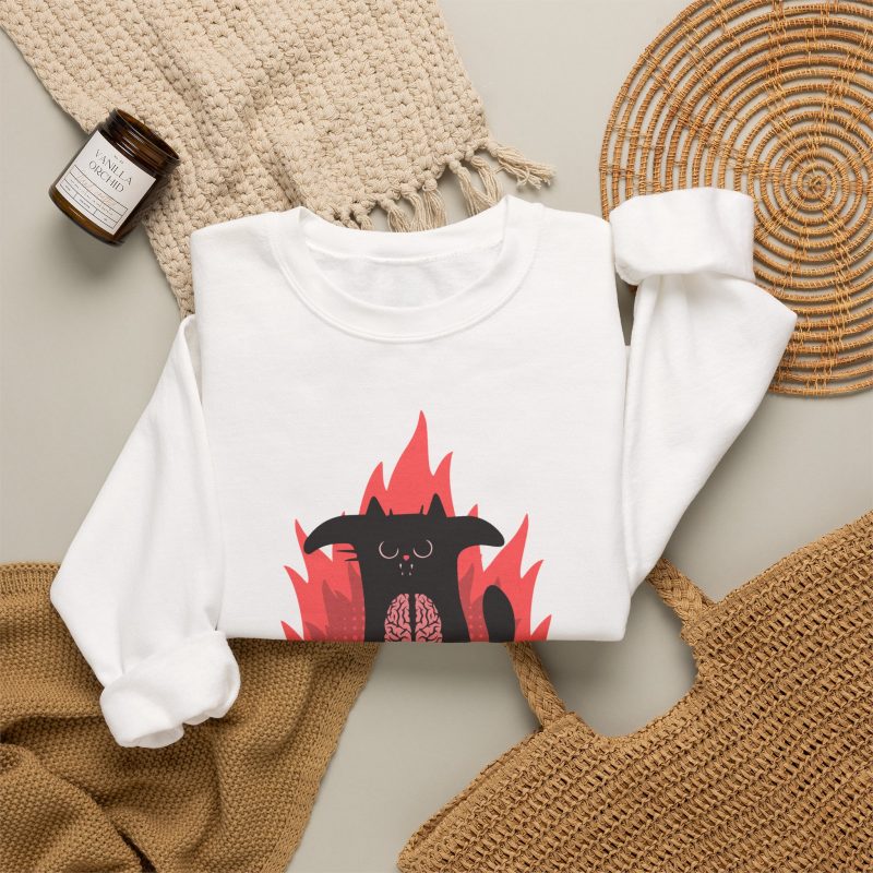 A black cat with a brain on its belly and pink flames with I Am Very Hungry lettering