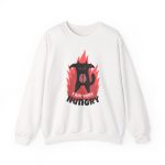 A black cat with a brain on its belly and pink flames printed on the front of a sweatshirt A black cat with a brain on its belly and pink flames printed on the front of a sweatshirt
