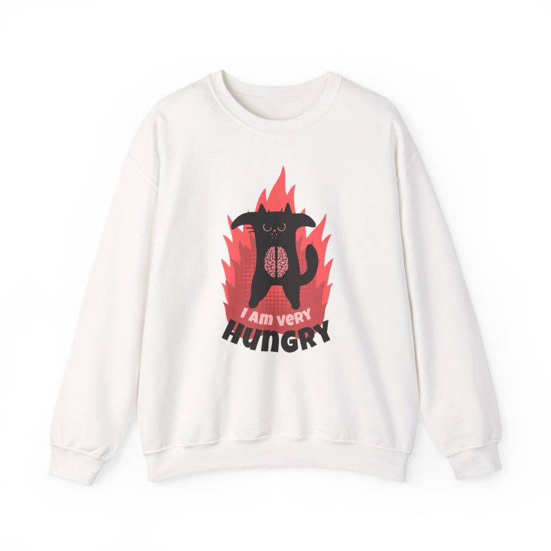 A black cat with a brain on its belly and pink flames printed on the front of a sweatshirt