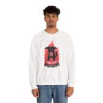 Person wearing a sweatshirt with a hungry black cat and pink flames Person wearing a sweatshirt with a hungry black cat and pink flames