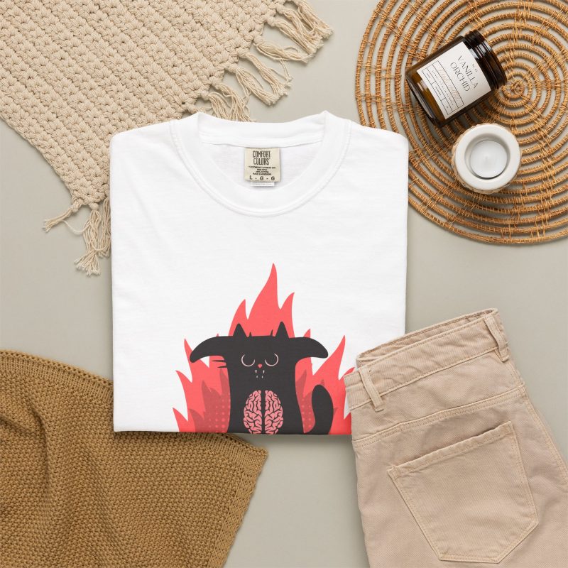 A black cat with a brain on its belly and pink flames with I Am Very Hungry lettering