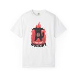 A black cat with a brain on its belly and pink flames printed on the front of a shirt