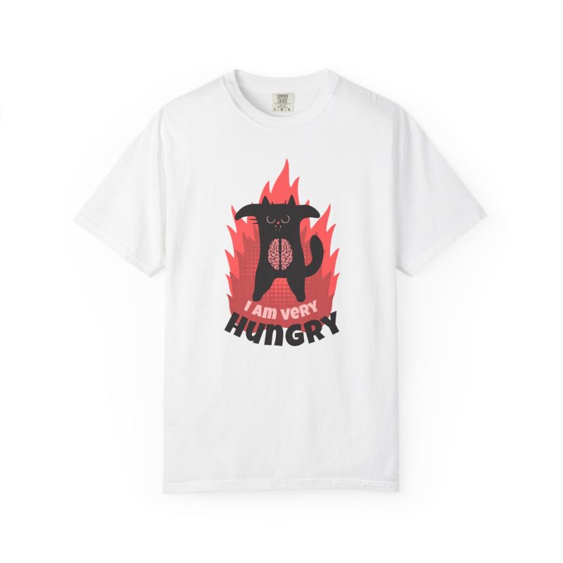 A black cat with a brain on its belly and pink flames printed on the front of a shirt
