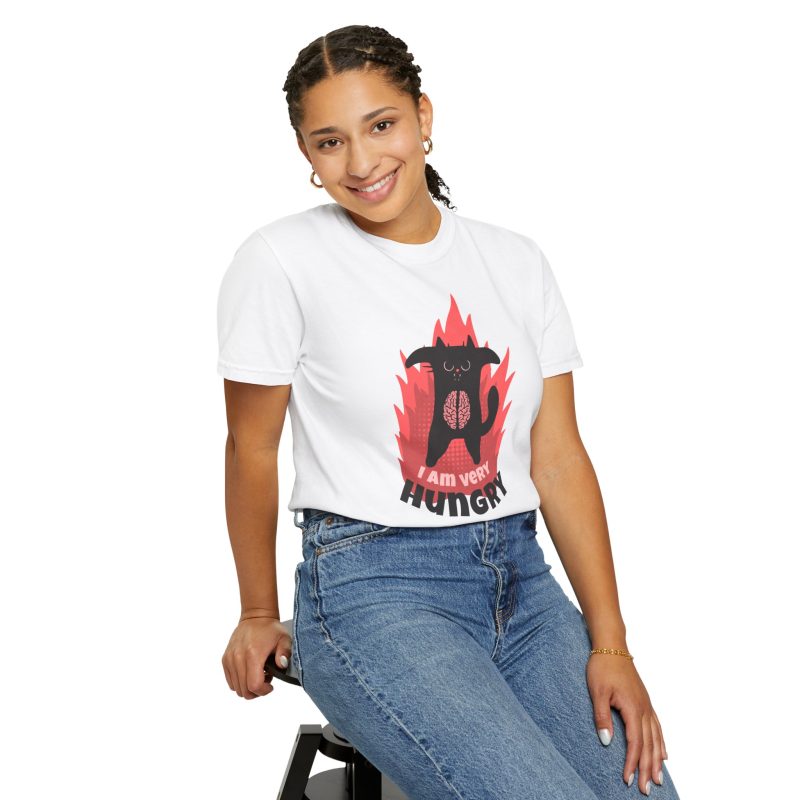 Person wearing a shirt with a hungry black cat and pink flames