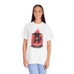 Person wearing a shirt with a hungry black cat and pink flames