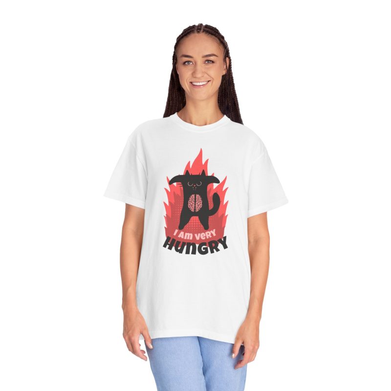 Person wearing a shirt with a hungry black cat and pink flames