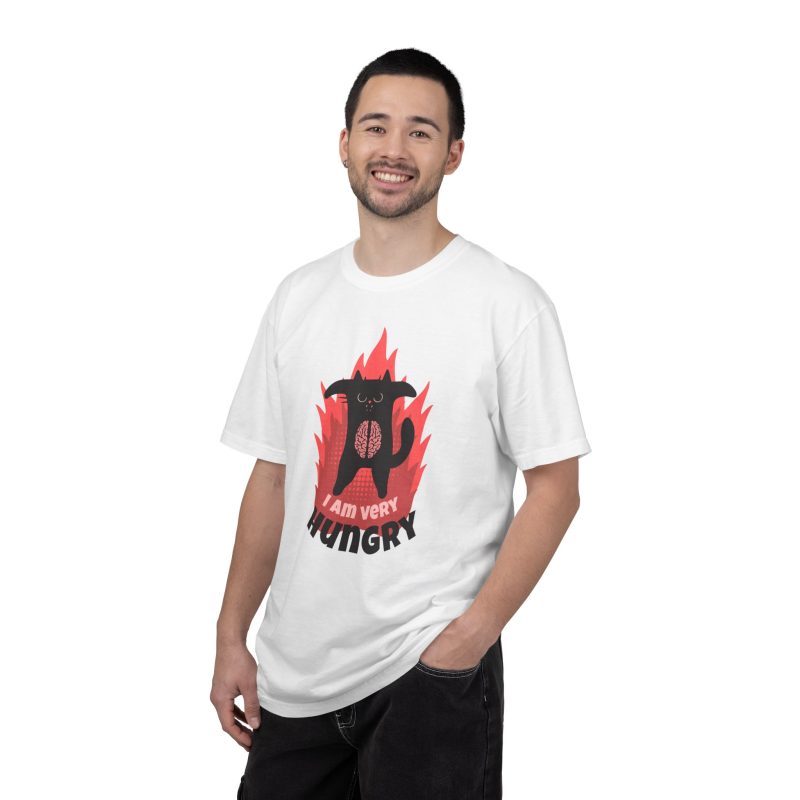 Person wearing a shirt with a hungry black cat and pink flames
