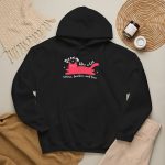 Pink reclining cat, white sparkles and curved Dream Like a Cat lettering in the front print