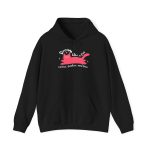 Front of the hoodie showing a pink reclining cat with a raised tail, round eyes and white sparkles
