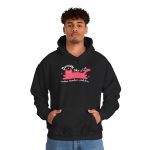 Person wearing a hoodie with a pink reclining cat with a raised tail, round eyes and white sparkles printed on the front