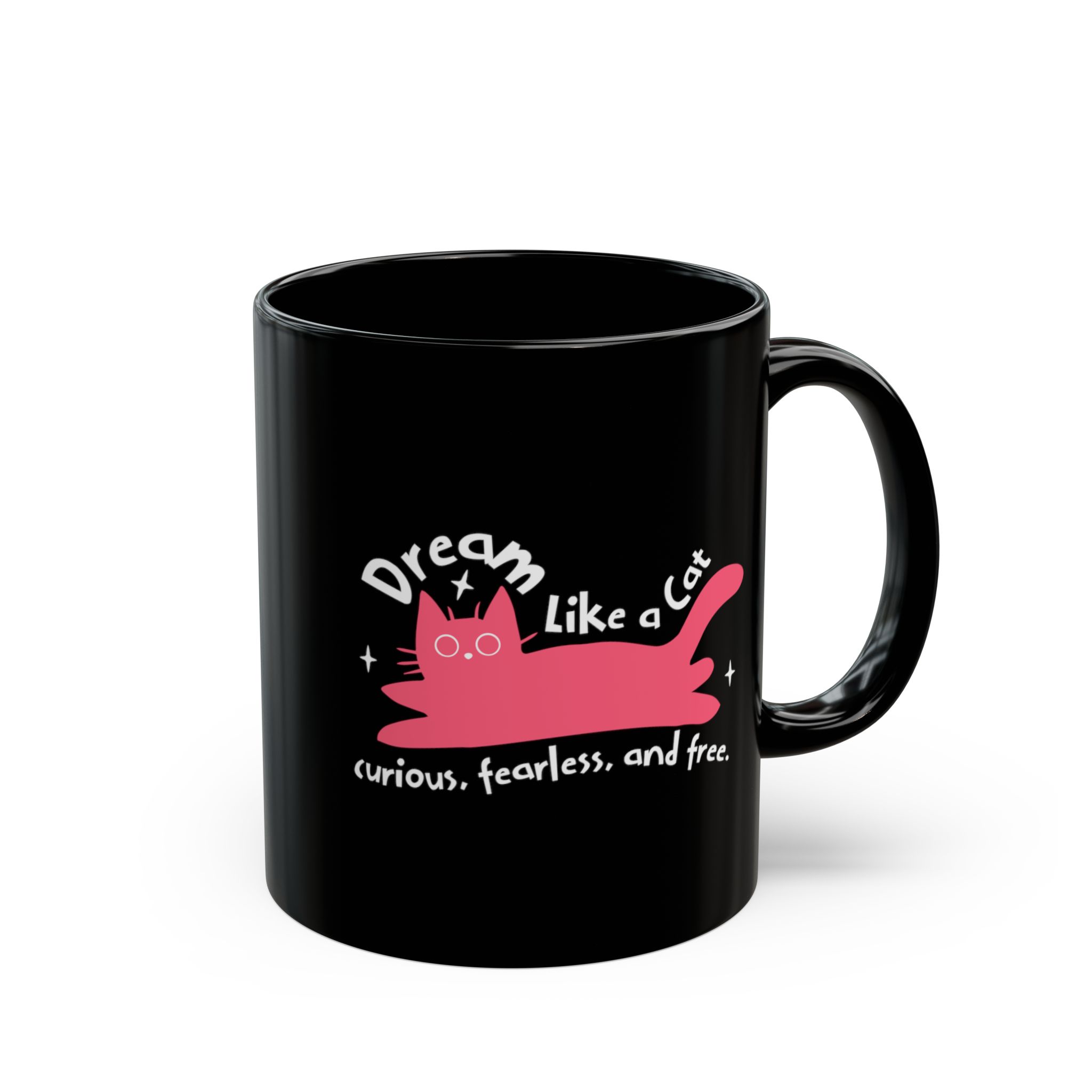 Glossy black ceramic mug showing a pink reclining cat with a raised tail, round eyes and white sparkles