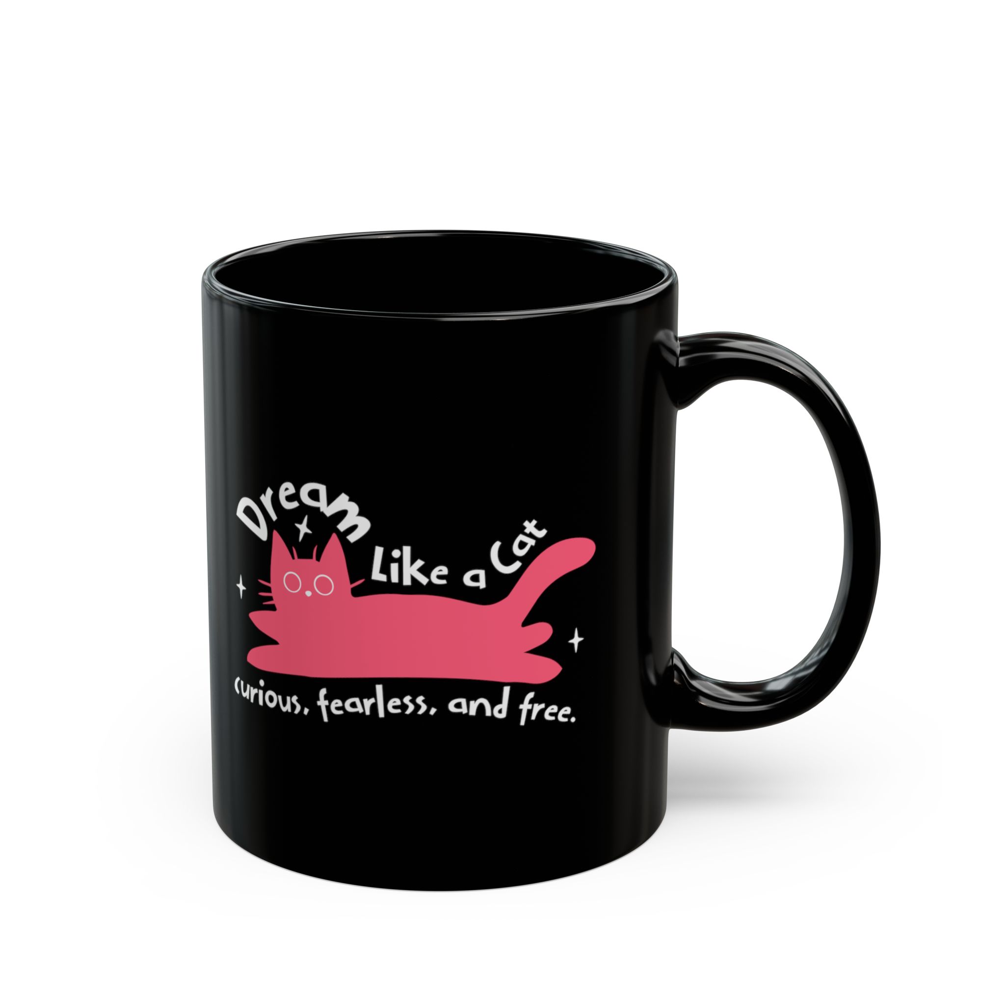 Opposite side of the glossy black ceramic mug with the matching pink reclining cat and sparkles