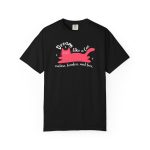 Front of the tee showing a pink reclining cat with a raised tail, round eyes and white sparkles