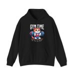 Front of the hoodie showing an orange-and-white kitten lifting a barbell with blue and pink weight plates