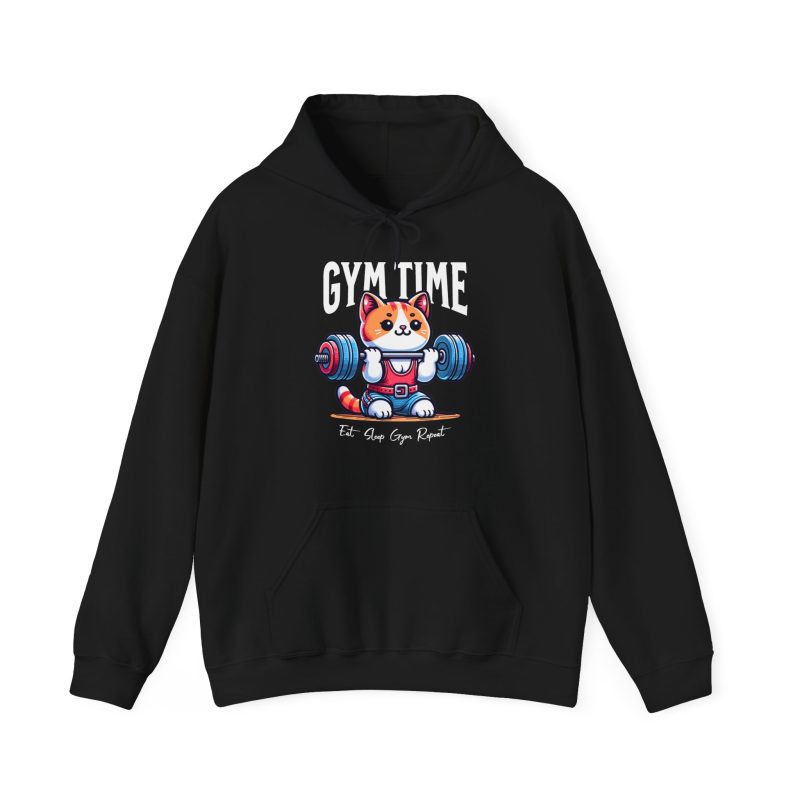 Front of the hoodie showing an orange-and-white kitten lifting a barbell with blue and pink weight plates