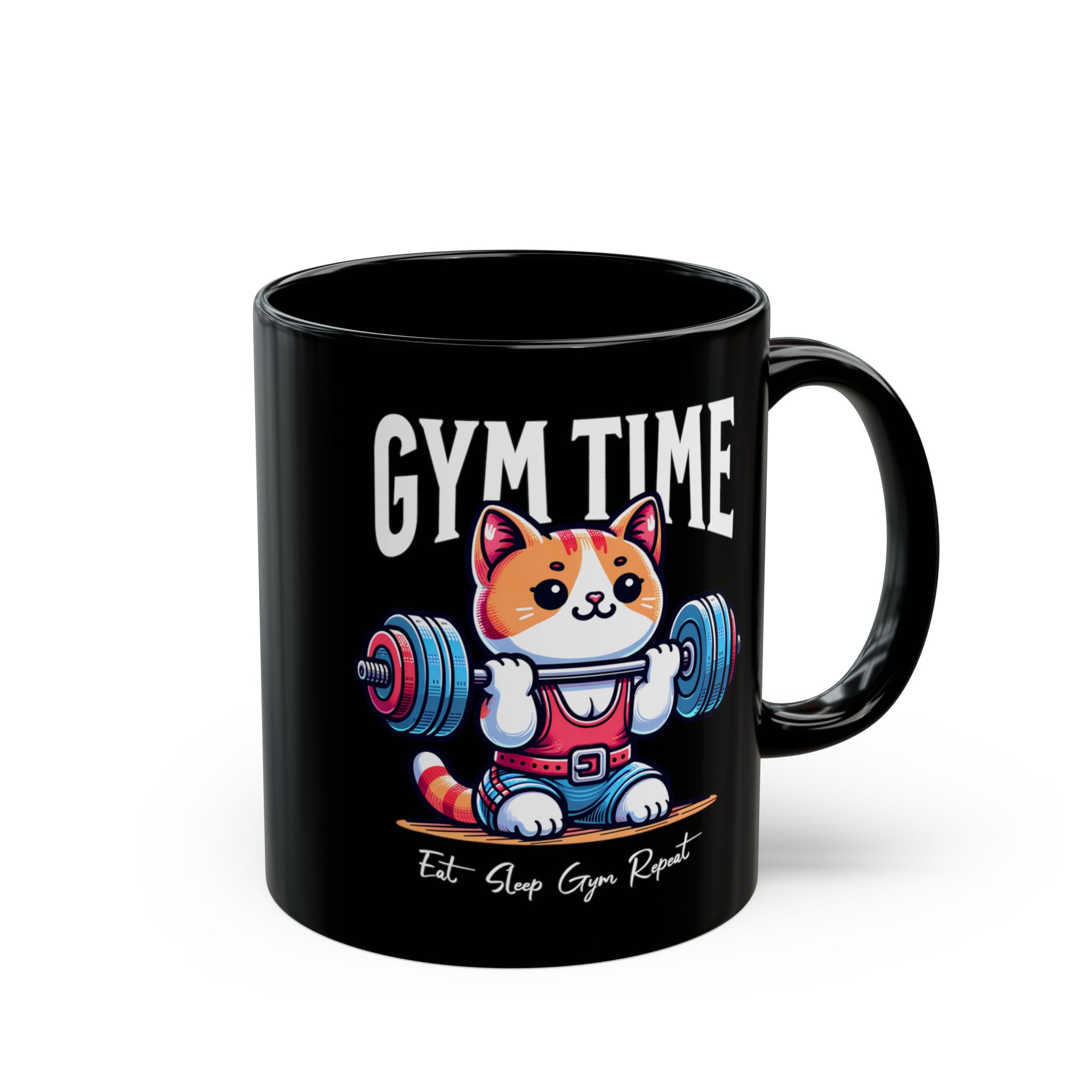 Glossy black ceramic mug showing an orange-and-white kitten lifting a barbell with blue and pink weight plates