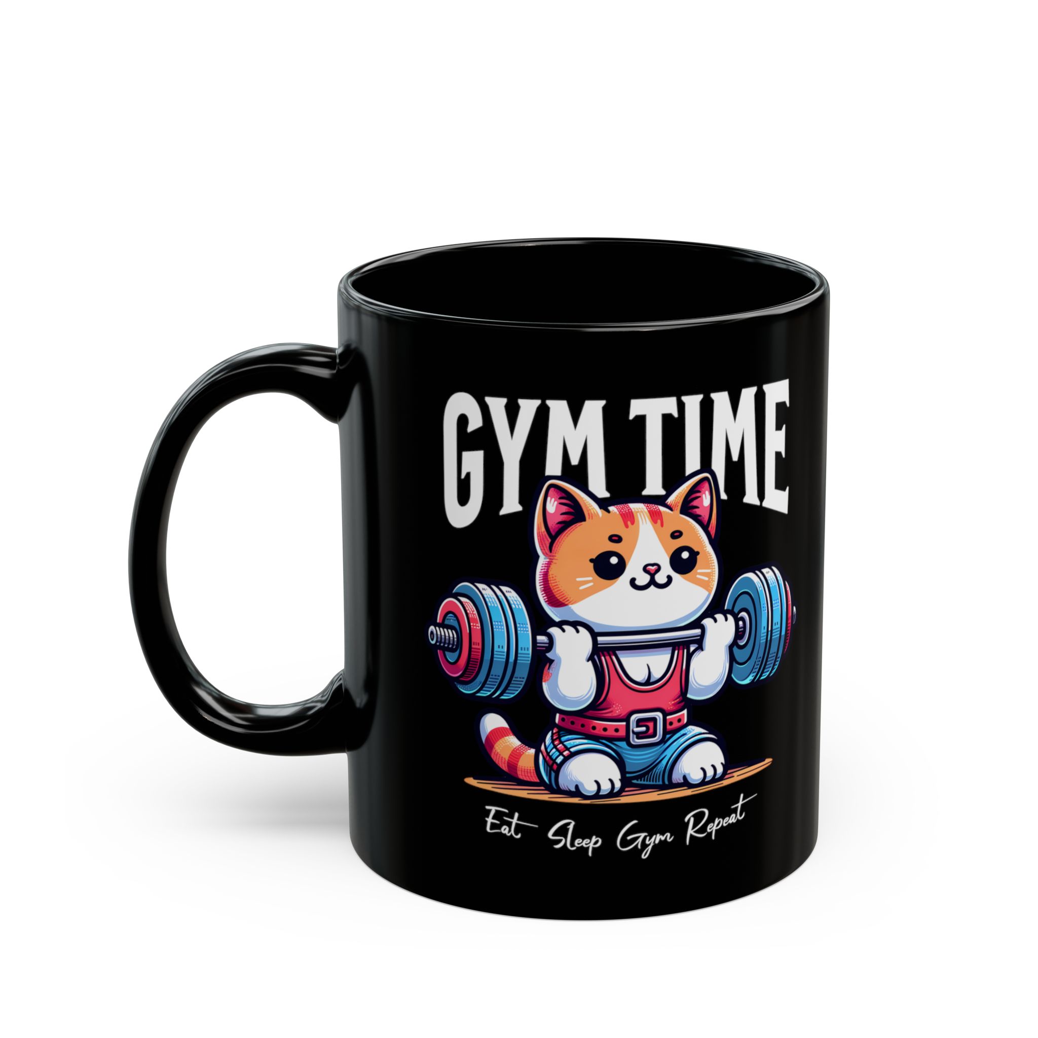 Glossy black ceramic mug showing an orange-and-white kitten lifting a barbell with blue and pink weight plates