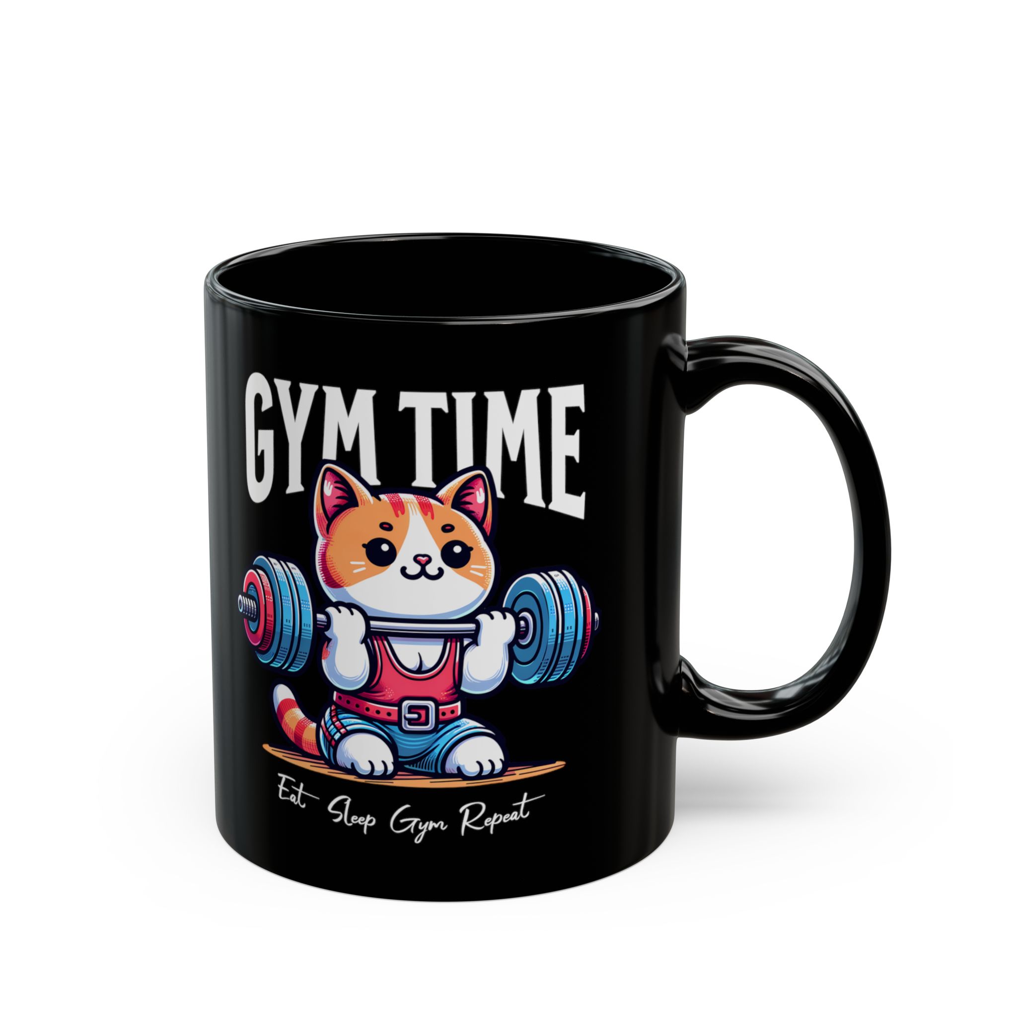 Opposite side of the glossy black ceramic mug with the matching weightlifting kitten graphic