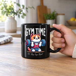 Person holding a glossy black ceramic mug showing an orange-and-white kitten lifting a barbell with blue and pink weight plates