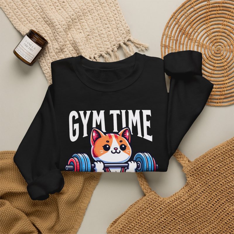 Wide-eyed kitten with a barbell, tank top and lifting belt beneath Gym Time lettering in the front print