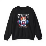 Front of the crewneck sweatshirt showing an orange-and-white kitten lifting a barbell with blue and pink weight plates