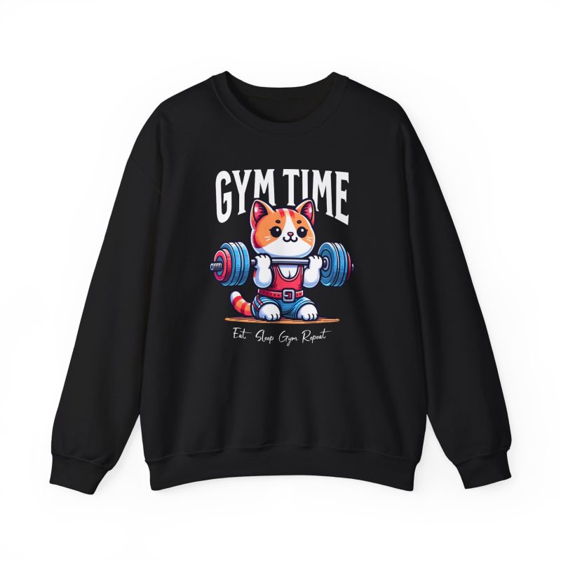 Front of the crewneck sweatshirt showing an orange-and-white kitten lifting a barbell with blue and pink weight plates