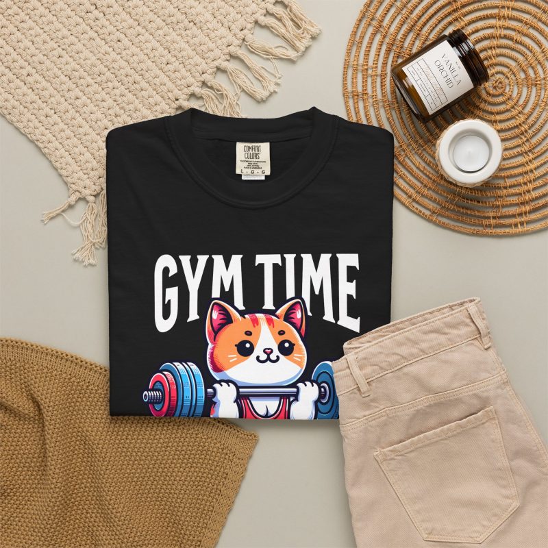 Wide-eyed kitten with a barbell, tank top and lifting belt beneath Gym Time lettering in the front print