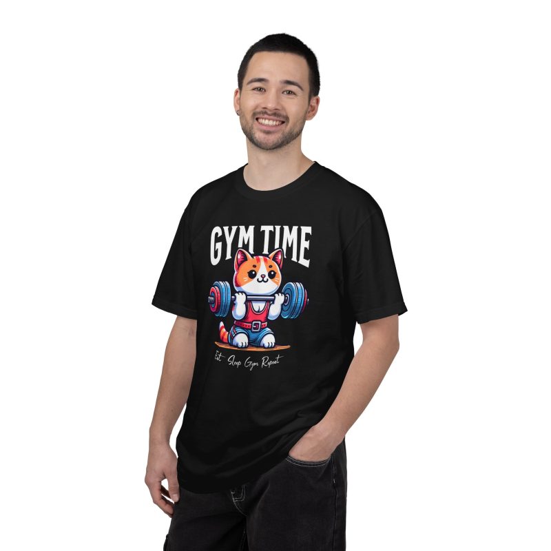 Person wearing a tee with an orange-and-white kitten lifting a barbell with blue and pink weight plates printed on the front