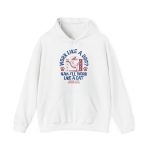 Front of the hoodie showing a cat reclining in a hammock between filing cabinets with blue lettering and red paw prints Front of the hoodie showing a cat reclining in a hammock between filing cabinets with blue lettering and red paw prints
