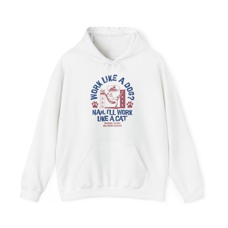 Front of the hoodie showing a cat reclining in a hammock between filing cabinets with blue lettering and red paw prints